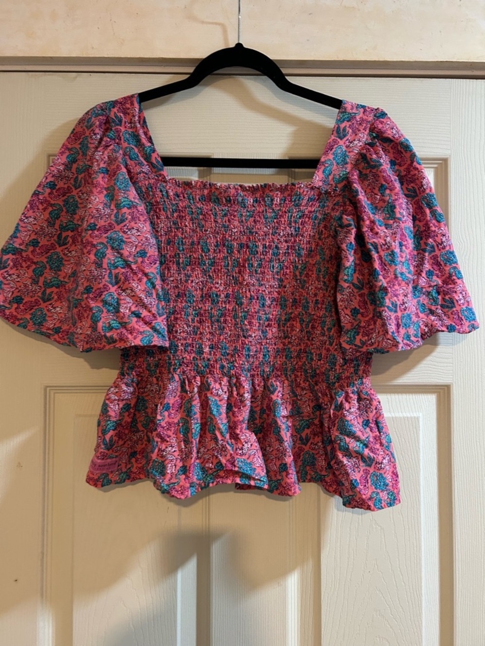 Simply Southern Pink Floral Smocked Puff-Sleeve Top